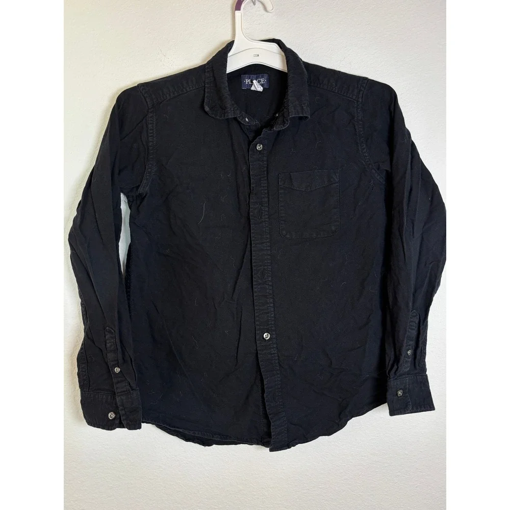 Childrens Place Boys Black Long Sleeve Button Down Shirt Size 14 XL School